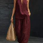 Alira™ | Boho lniany komplet 2-częściowy z topem halter i szerokimi spodniami