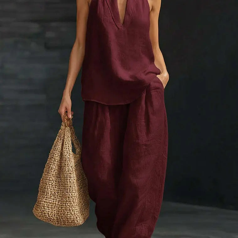 Alira™ | Boho lniany komplet 2-częściowy z topem halter i szerokimi spodniami