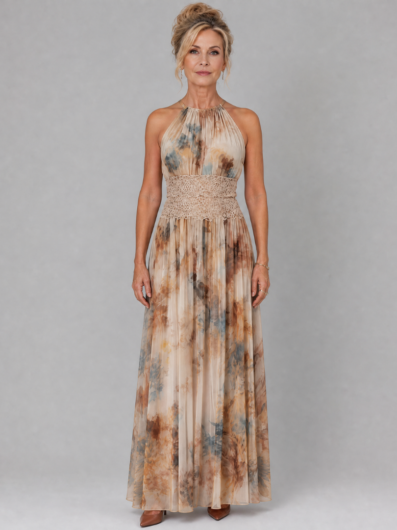 Elavenue | Sukienka maxi z dekoltem halter, koronką i wąską talią