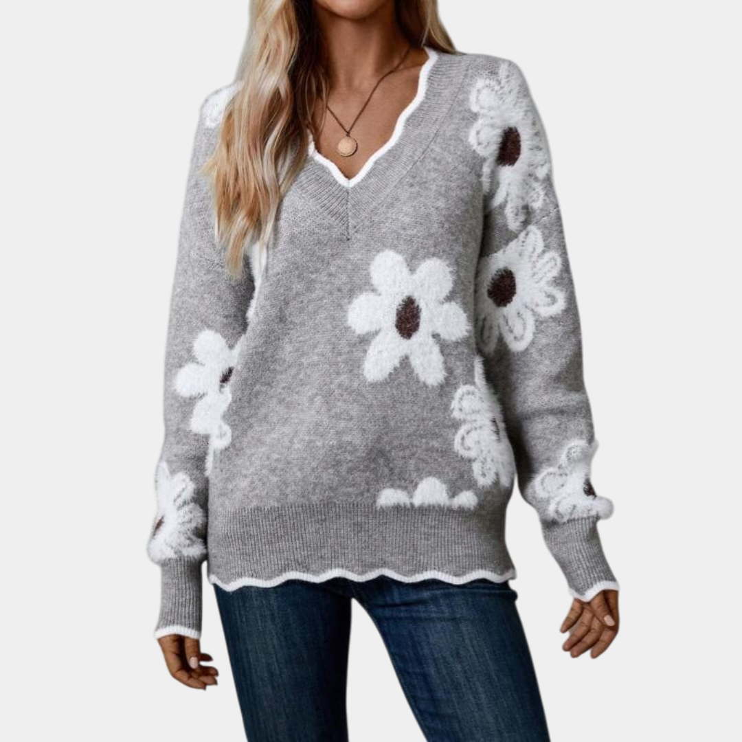 PAULA | ELEGANCKI SWETER W KWIATY Z DEKOLTEM W SERCESZKO