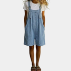Clara | Vintage Washed Soft Cotton Feel Denim Short Overall Jasnoniebieski