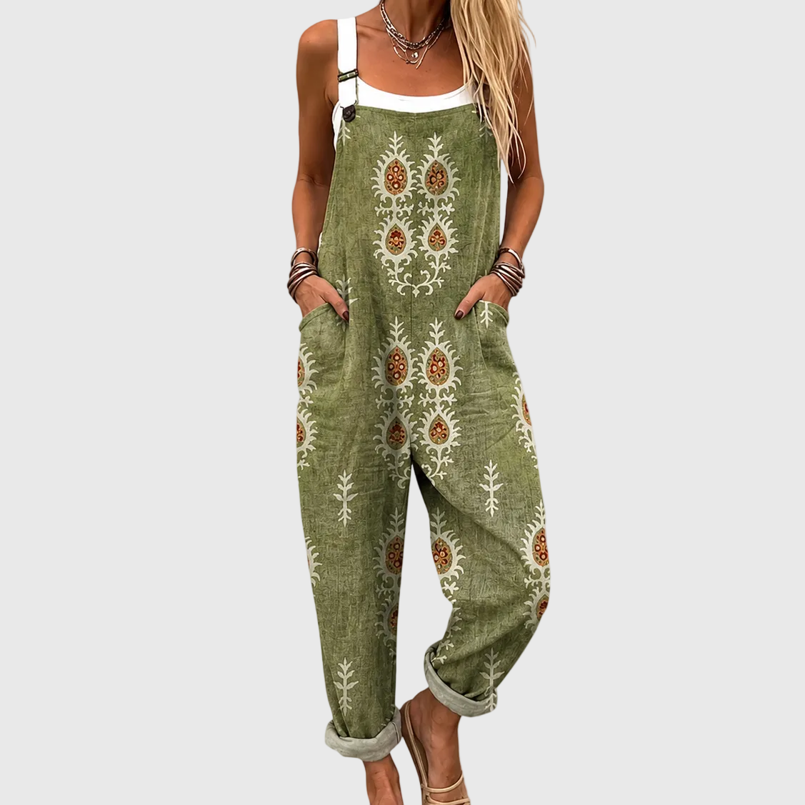 Zielona Oliwkowa Salopetta w Stylu Boho