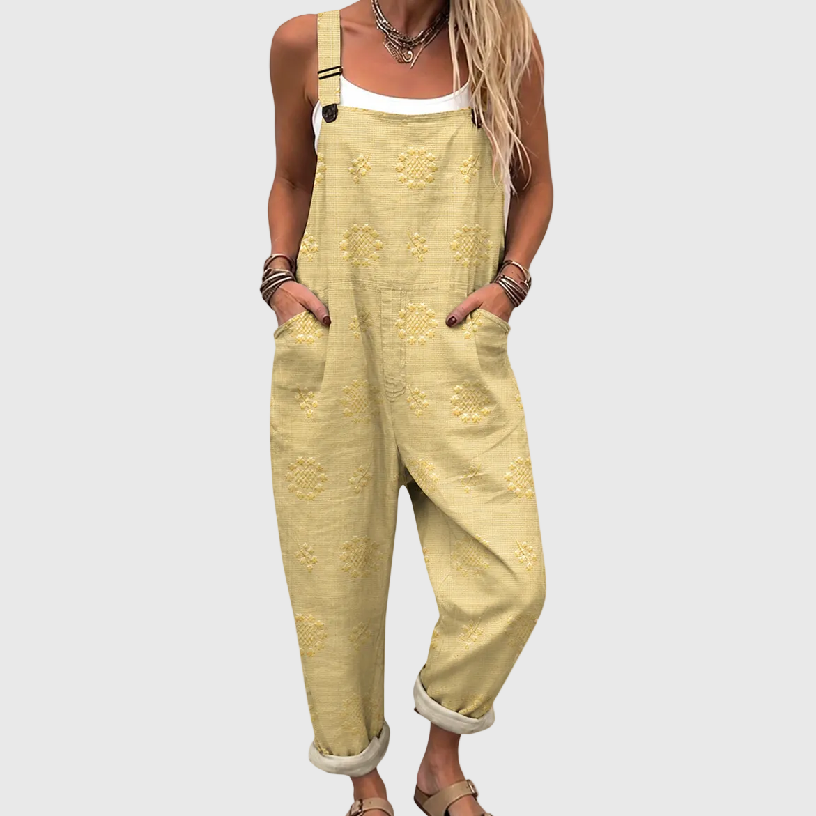Jumpsuit Jasnożółty z Luźnym Fasonem