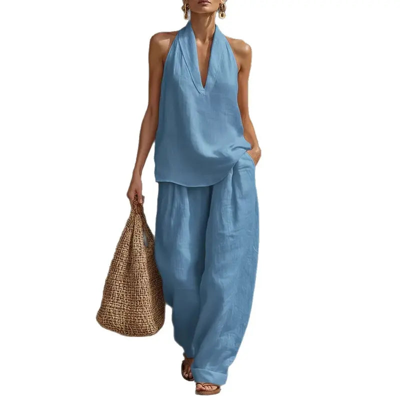 Alira™ | Boho lniany komplet 2-częściowy z topem halter i szerokimi spodniami