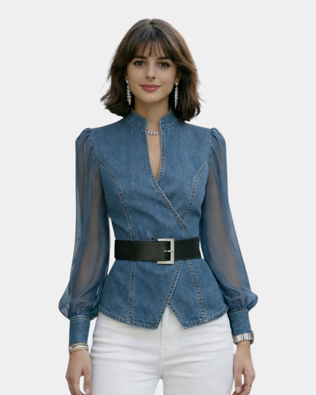 Alizée | Top denim z lekkimi rękawami z szyfonu