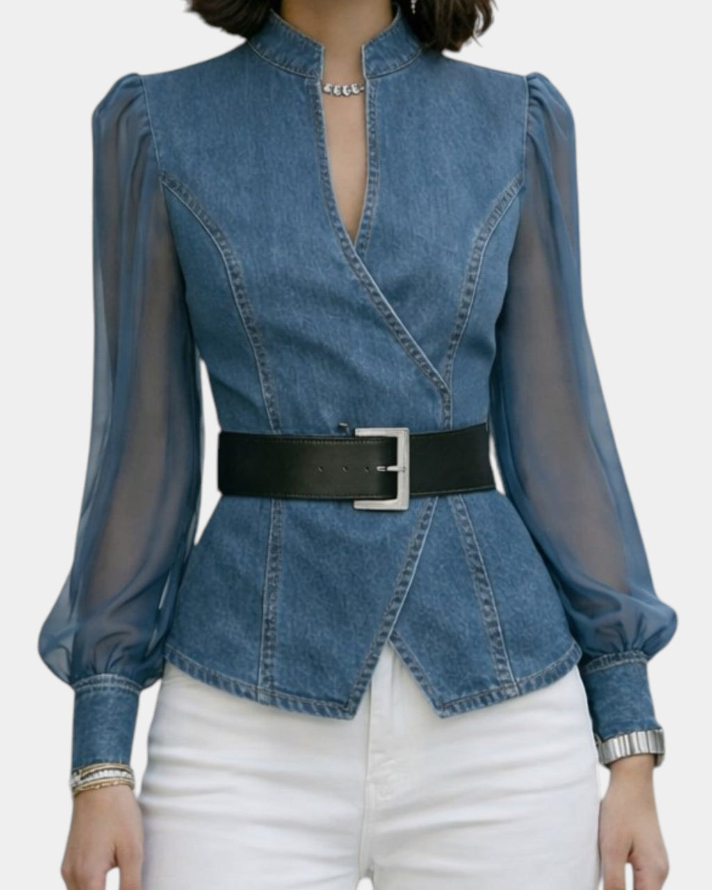 Alizée | Top denim z lekkimi rękawami z szyfonu