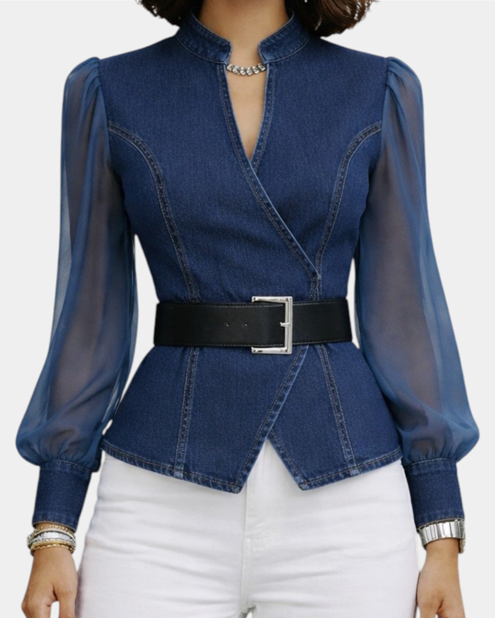 Alizée | Top denim z lekkimi rękawami z szyfonu