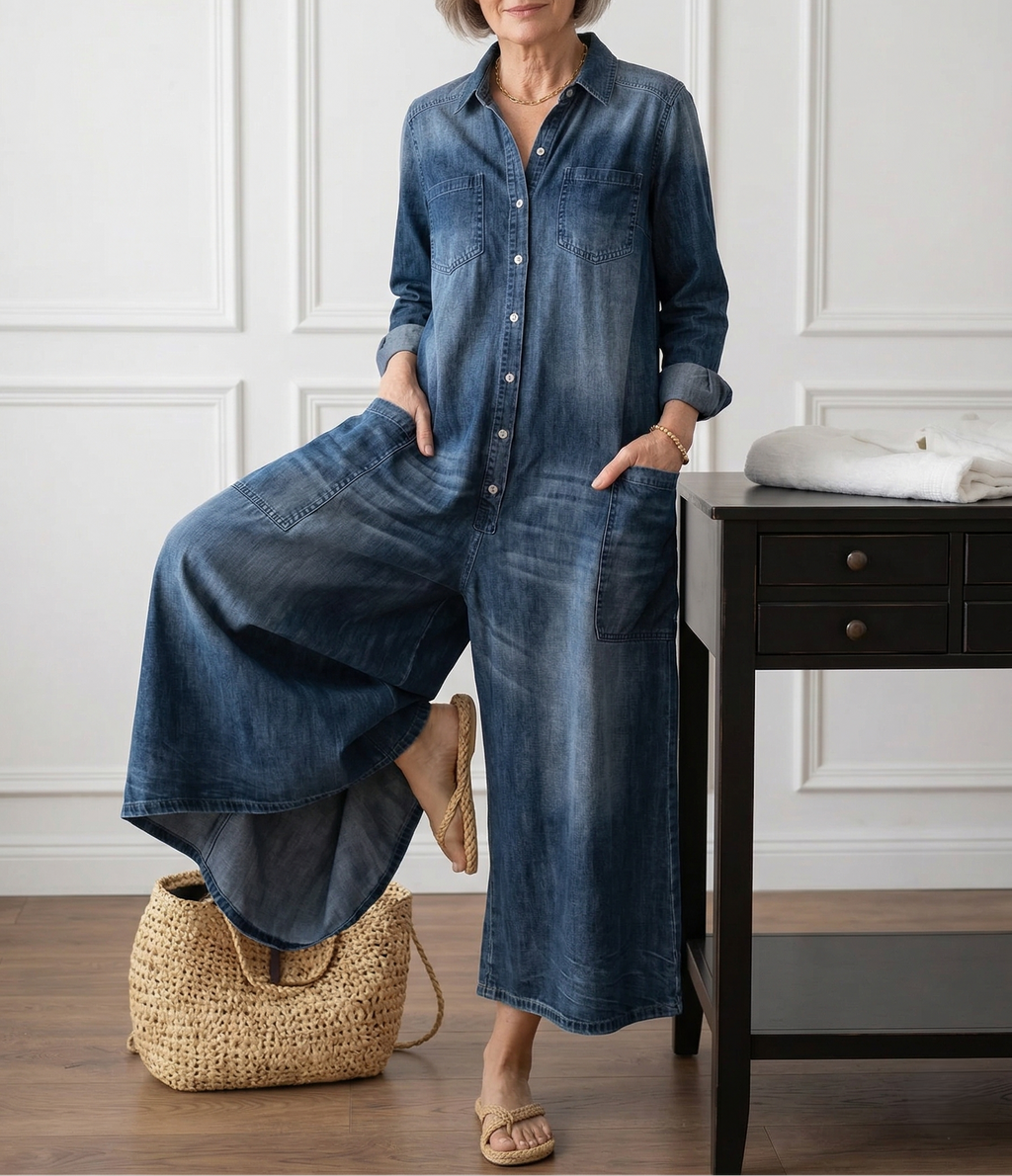 Diana | Vintage Washed Soft Cotton Denim Jumpsu z zapięciem na guziki