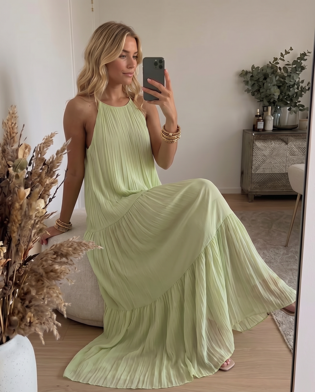 LIVIA | Maxi Sukienka Boho Zielona Pistacja