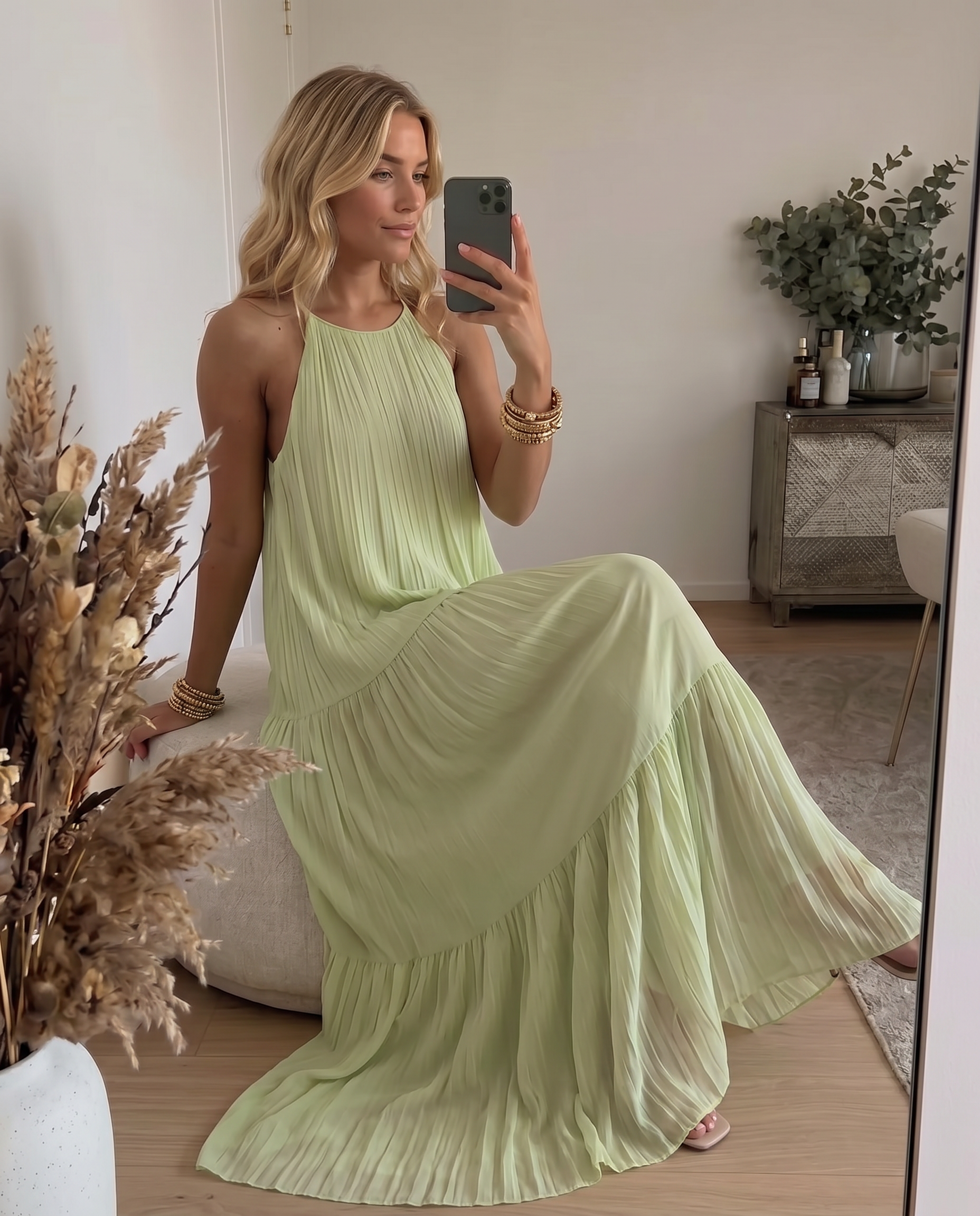 LIVIA | Maxi Sukienka Boho Zielona Pistacja