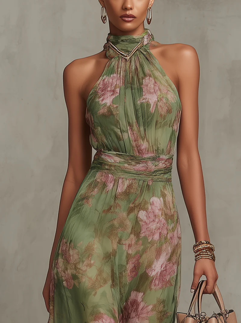 Livia | Elegancka Maxi Sukienka Halter w Kwiaty