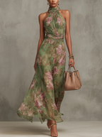 Livia | Elegancka Maxi Sukienka Halter w Kwiaty