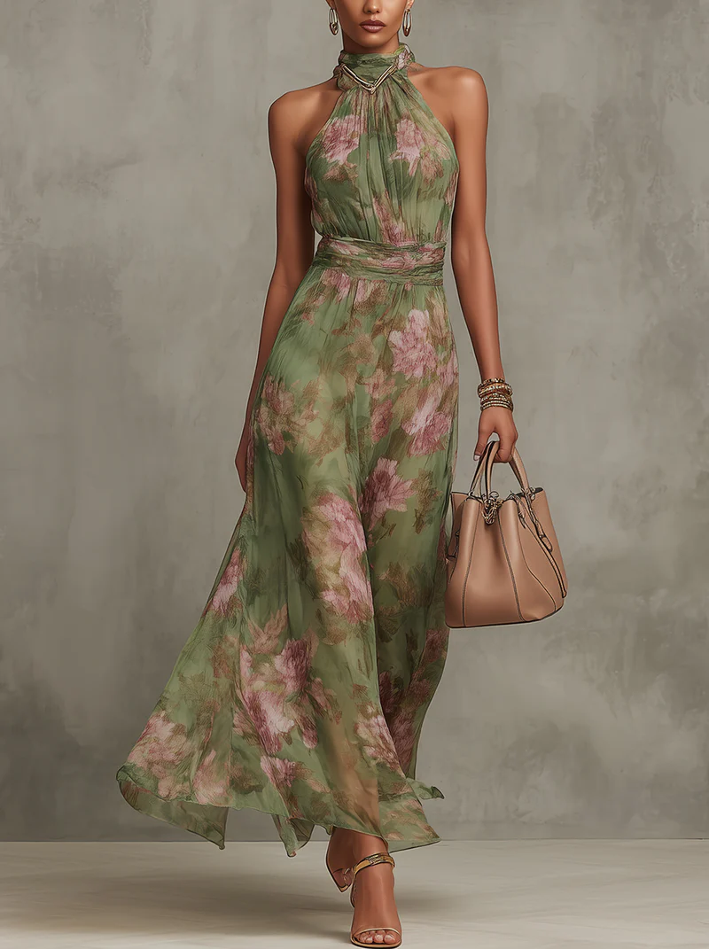 Livia | Elegancka Maxi Sukienka Halter w Kwiaty