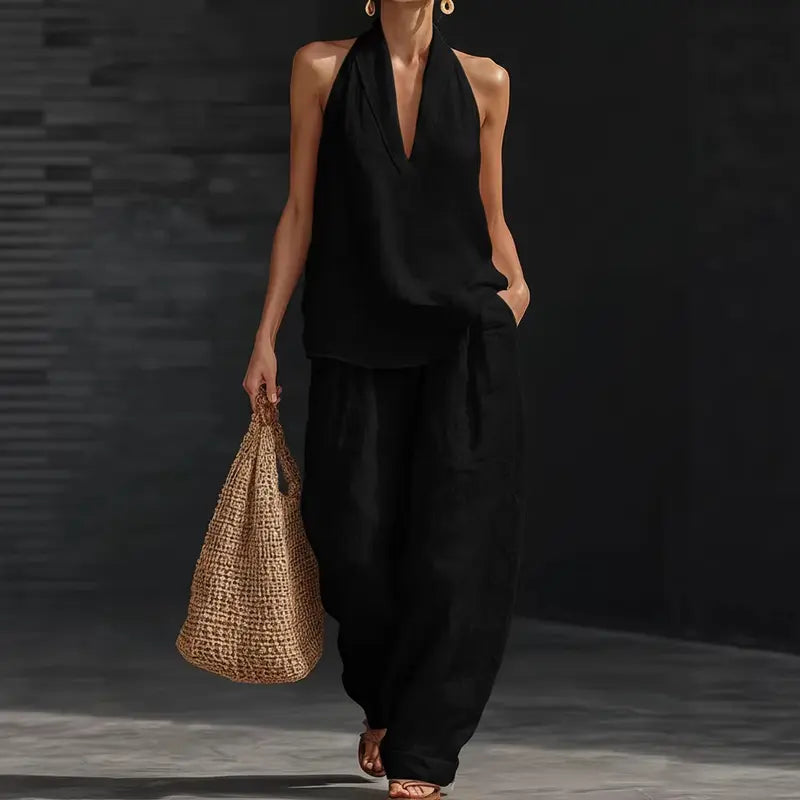 Alira™ | Boho lniany komplet 2-częściowy z topem halter i szerokimi spodniami