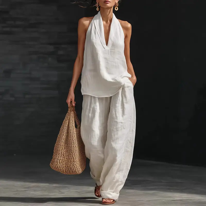 Alira™ | Boho lniany komplet 2-częściowy z topem halter i szerokimi spodniami