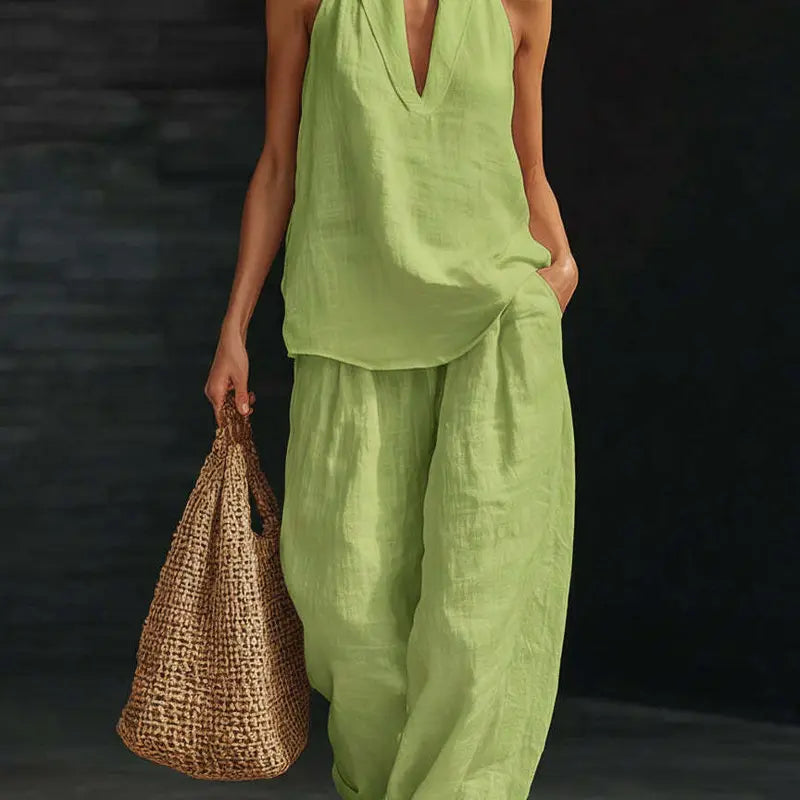 Alira™ | Boho lniany komplet 2-częściowy z topem halter i szerokimi spodniami