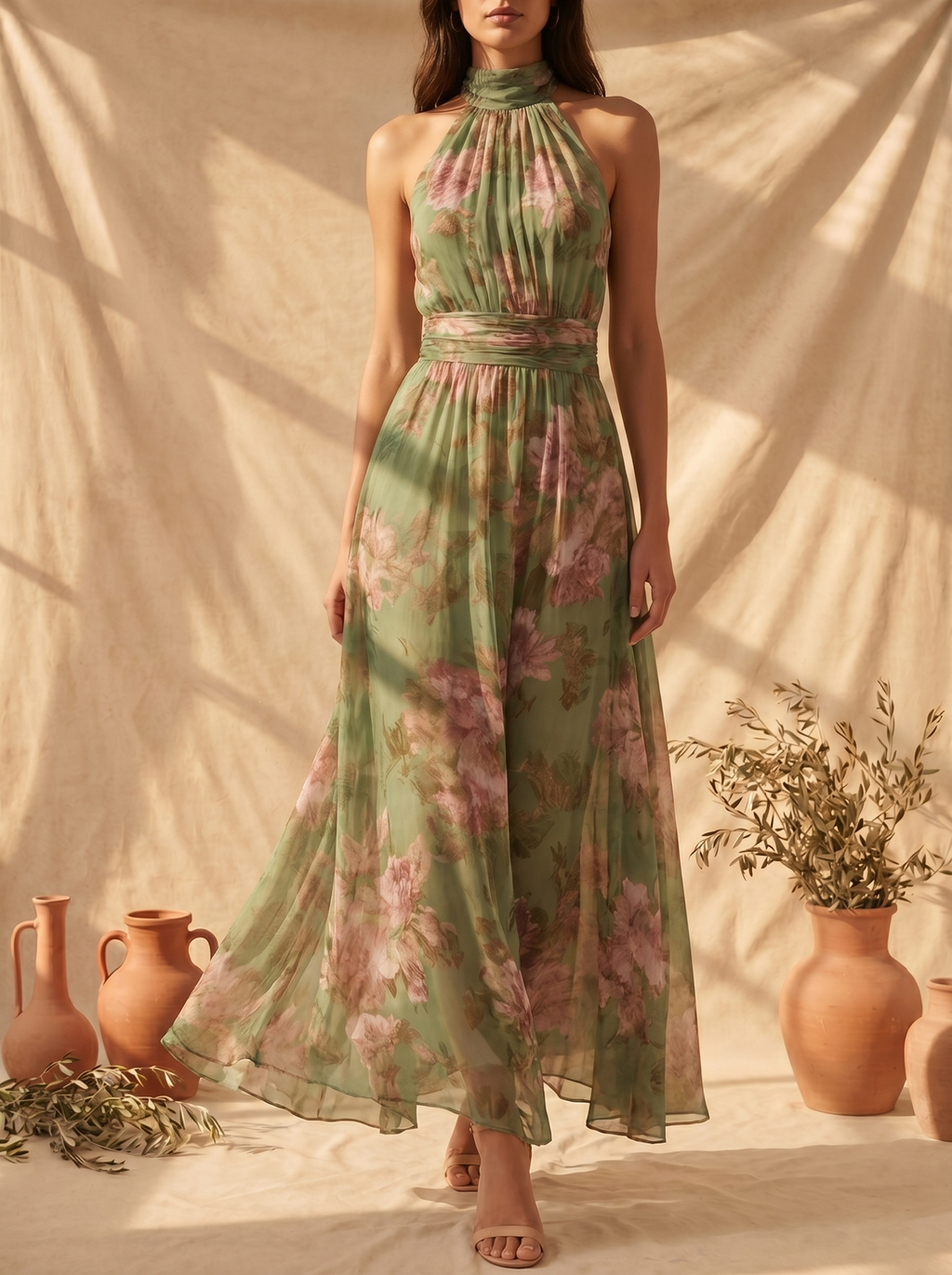 Livia | Elegancka Maxi Sukienka Halter w Kwiaty