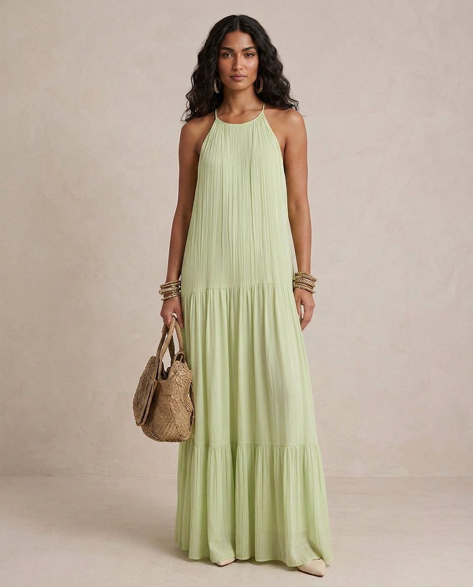 LIVIA | Maxi Sukienka Boho Zielona Pistacja