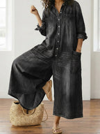Diana | Vintage Washed Soft Cotton Denim Jumpsu z zapięciem na guziki