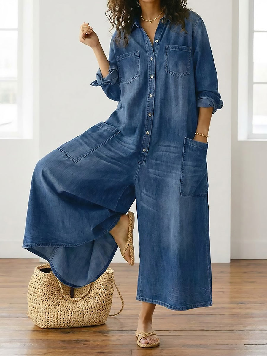 Diana | Vintage Washed Soft Cotton Denim Jumpsu z zapięciem na guziki
