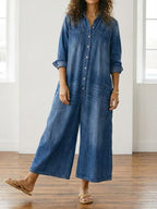 Diana | Vintage Washed Soft Cotton Denim Jumpsu z zapięciem na guziki