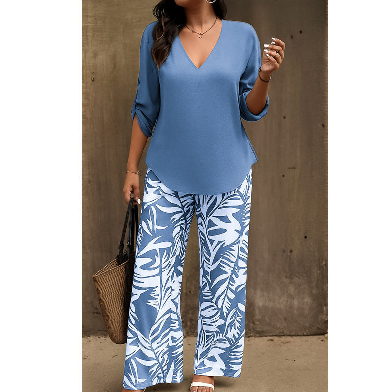 Liwia™ | Elegancki Letni Zestaw z Bluzką V-Neck i Spodniami z Nadrukiem