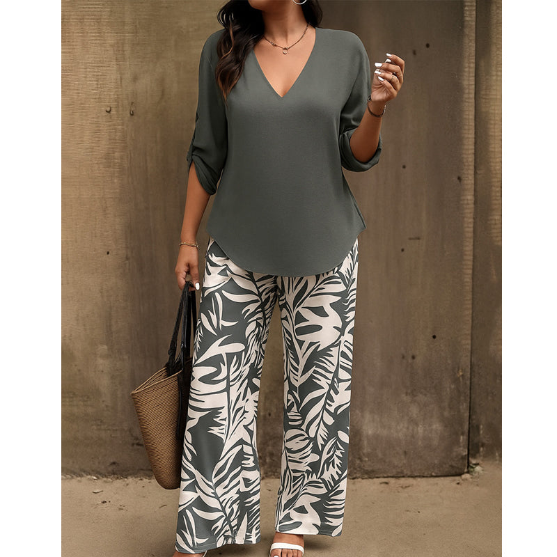Liwia™ | Elegancki Letni Zestaw z Bluzką V-Neck i Spodniami z Nadrukiem