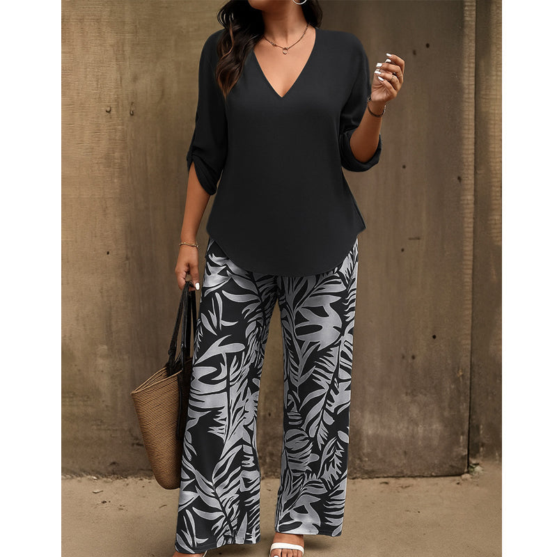 Liwia™ | Elegancki Letni Zestaw z Bluzką V-Neck i Spodniami z Nadrukiem