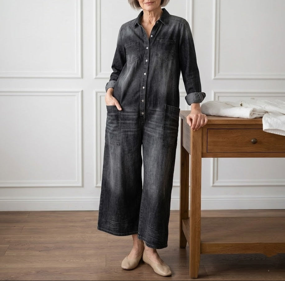 Diana | Vintage Washed Soft Cotton Denim Jumpsu z zapięciem na guziki