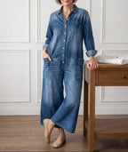 Diana | Vintage Washed Soft Cotton Denim Jumpsu z zapięciem na guziki